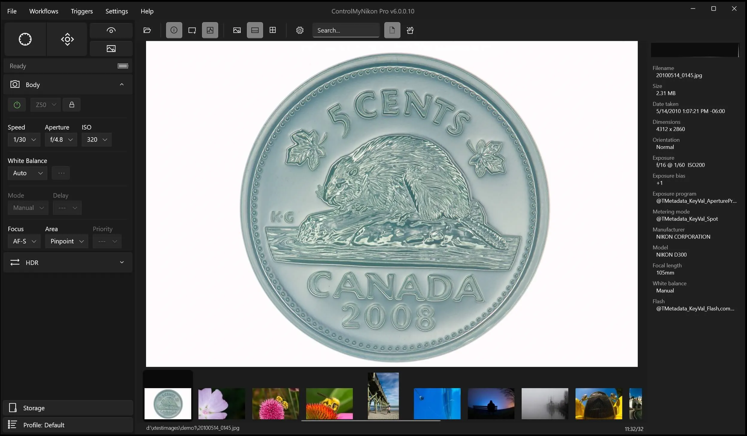 ControlMyNikon 6 image browser showing image of a Canadian five cent coin.