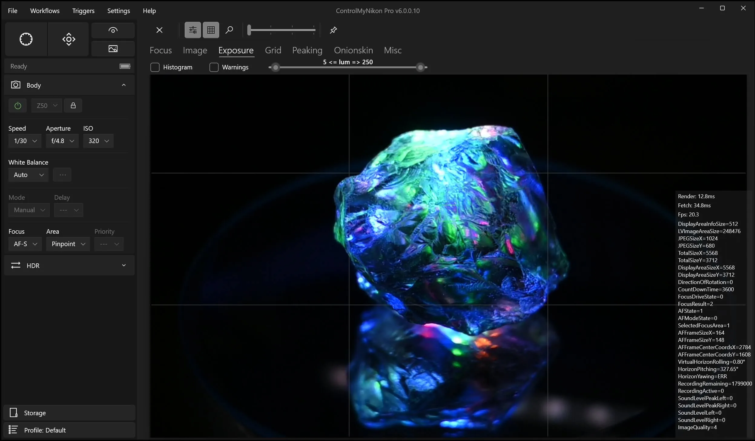 ControlMyNikon 6 live view of a backlit smokey quartz specimen using a Nikon Z50