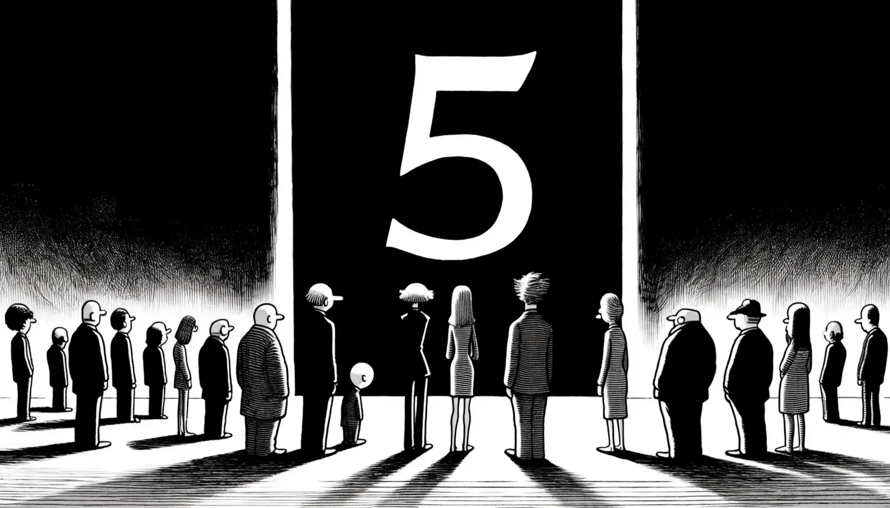 Cartoon people standing in front of a monolith with a 5 on it.