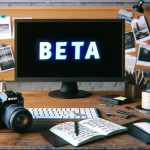 A Nikon camera on a desk with the word "Beta" on a computer monitor in the background.