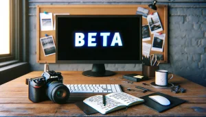 A Nikon camera on a desk with the word "Beta" on a computer monitor in the background.
