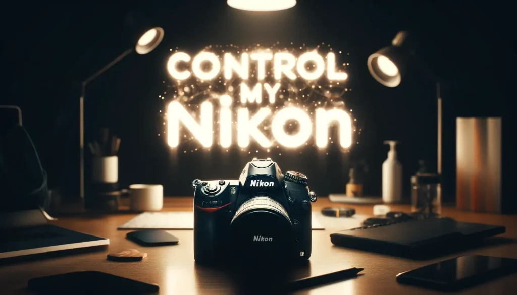 A Nikon camera on a desk with sparklers in the shape of the words "Control My Nikon" in the background.